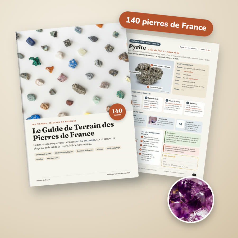 Le Guide de Terrain des Pierres de France ouvert sur un téléphone