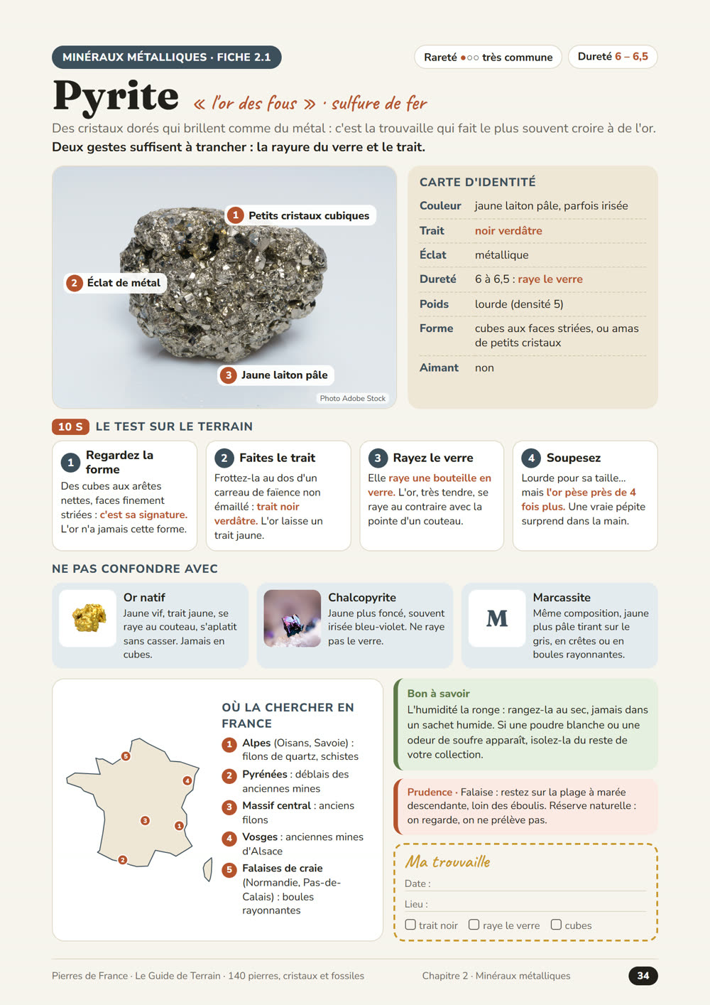 Fiche « Pyrite » : photo annotée, carte d’identité, test sur le terrain en 10 secondes, ne pas confondre avec, et où la chercher en France